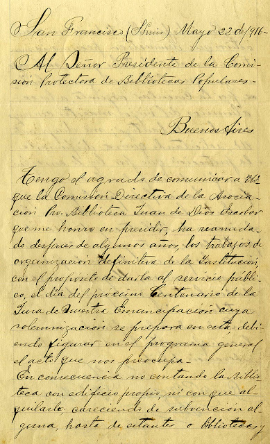 Nota de la Comisión Directiva. 22 de Mayo de 1916. Firmas: Pedro Concha y Cornelio Moyano.