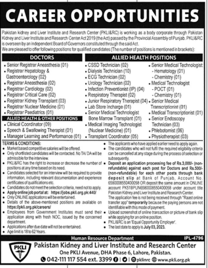 Pakistan Kidney And Liver Institute PKLI Jobs Advertisement 2023