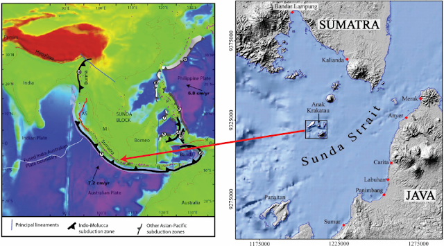 Peta bagian kiri menunjukkan topologi wilayah India, Asia Tenggara dan Australia serta zona subduksi utama di wilayah tsb. Garis hitam merepresentasikan batas zona subduksi lempeng Indo-Australia bagian utara, sementara zona subduksi kecil diwakili warna abu-abu (dimodifikasi oleh Richards et al., 2007). Peta bagian kanan, relief berbayang menunjukkan DEM wilayah Selat Sunda, lokasi Anak Krakatao ditandai dalam kotak hitam (Giacchetti et al., 2012). Panah warna merah merupakan lokasi Anak Krakatau dalam peta besar
