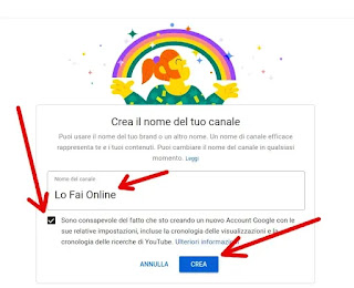 Passaggio 5 - Inserire il nome del canale, accettare i termini e cliccare su crea come indicato dalla freccia