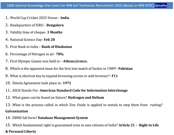 1000 Gk General Knowledge One Liners Based On Rrb Ntpc 2015 Pdf