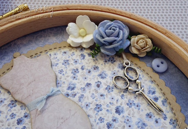 Blue sewing themed vintage style embroidery hoop