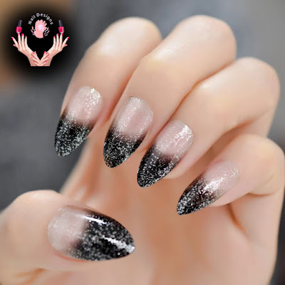 French tip nails in black and almond glitter French tip nails in black and almond glitter