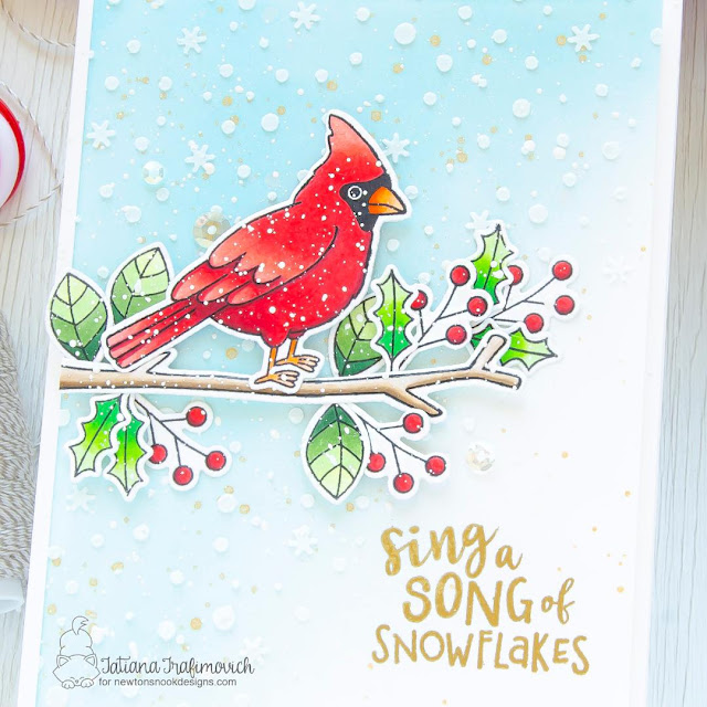 Sing a Song of Snowflakes! Winter Cardinal card by Tatiana Trafimovich | Winter Birds Stamp Set and Petite Snow Stencil by Newton's Nook Designs #newtonsnook #handmade