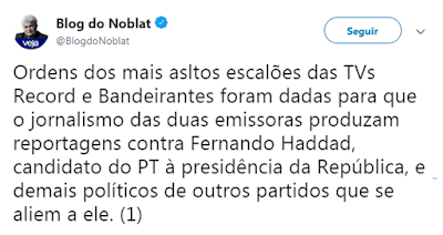  Noblat denuncia que Band e Record dão ordens para atacar Haddad e poupar outros candidatos 