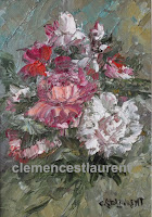 Flowers for an occasion, 7 x 5 oil painting by Clemence St. Laurent - spray of white and pink roses