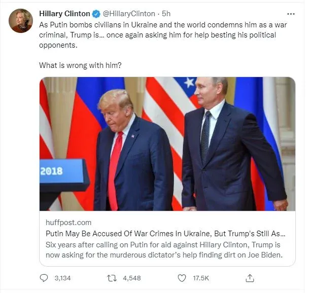 TOTALLY UNHINGED: On Same Day FEC Fines Hillary’s 2016 Campaign for Lying About Creating and Funding the Fake Trump-Russia Conspiracy — She Tweets Out a NEW Trump-Russia Conspiracy