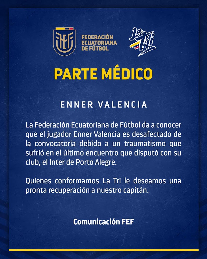 FEF envía parte médico de Enner Valencia y queda desafectado de la TRI