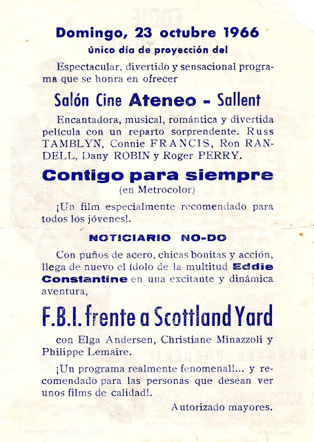 F. B. I. FRENTE A SCOTLAND YARD. Programa de mano: 10 x 14 cms, dorso. España. De mi colección de programas de mano. F. B. I. FRENTE A SCOTLAND YARD. À toi de faire... mignonne. 1963. Francia, Italia. Dirección: Bernard Borderie. Reparto: Eddie Constantine, Gaia Germani, Christiane Minazzoli, Elga Andersen, Philippe Lemaire, Noel Roquevert, Guy Delorme, Henri Cogan, Hubert Deschamps, Robert Berri, Colin Drake, Jacques Hilling.