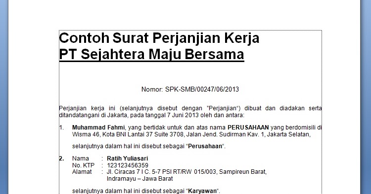 [.doc] CONTOH SURAT PERJANJIAN KERJA (KONTRAK KERJA 