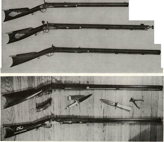 Top short rifle is buggy or boy’s rifle, smallest seen of Remington-Ilion fabrication. Next is medium weight full octagon sporter with bullet starter. Rear peep sight is turned sidewise to show shape. Bottom is long plain sporter, a work rifle, with back-action lock. Same character of arm is shown in second cut on wood background in which top arm is M. James rifle (with hammer on it before loss) compared with fancy Remington-made match rifle having barrel turned round. Flattened planes on round breech section are called Rigby flats after British maker who affected this style. Medium-heavy match rifle takes bullet starting cone over muzzle. Stamped Devendorf, of Cedarville, Pa., this gun is unquestionably Remingtonbuilt in its entirety. Powder horn, hunting knife and celluloid-handled Dont sheathe me without honour gentlemen’s fighting knife and round ball mould are associated items.