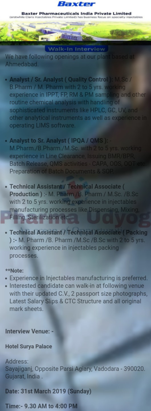 Baxter Pharma | Walk-in for multiple departments | 31 March 2019 | Vadodara