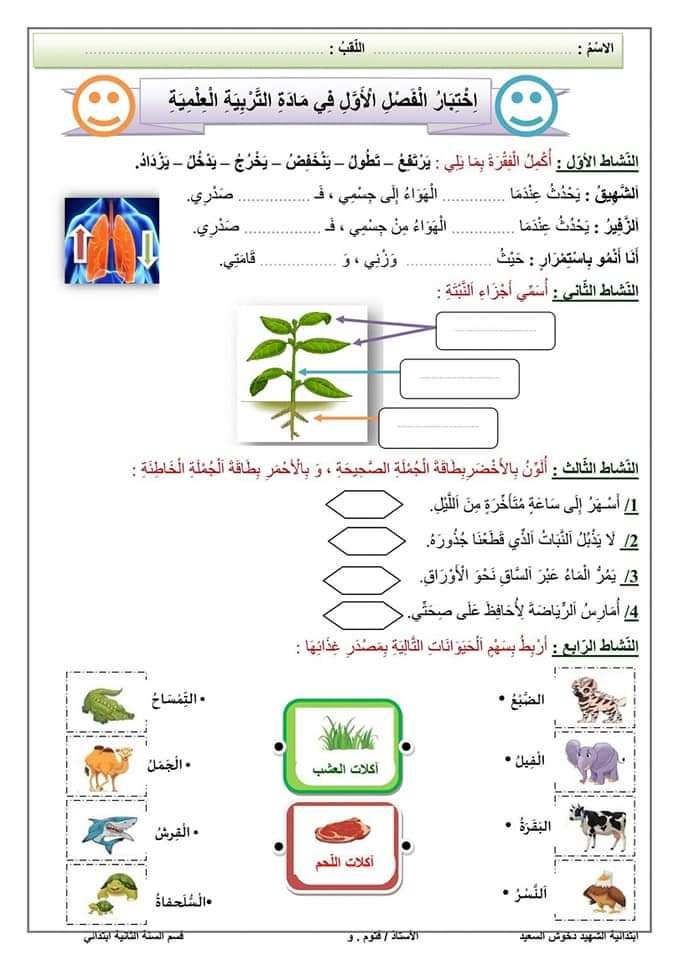 اختبار الفصل الأول في مادة التربية العلمية - السنة الثانية ابتدائي