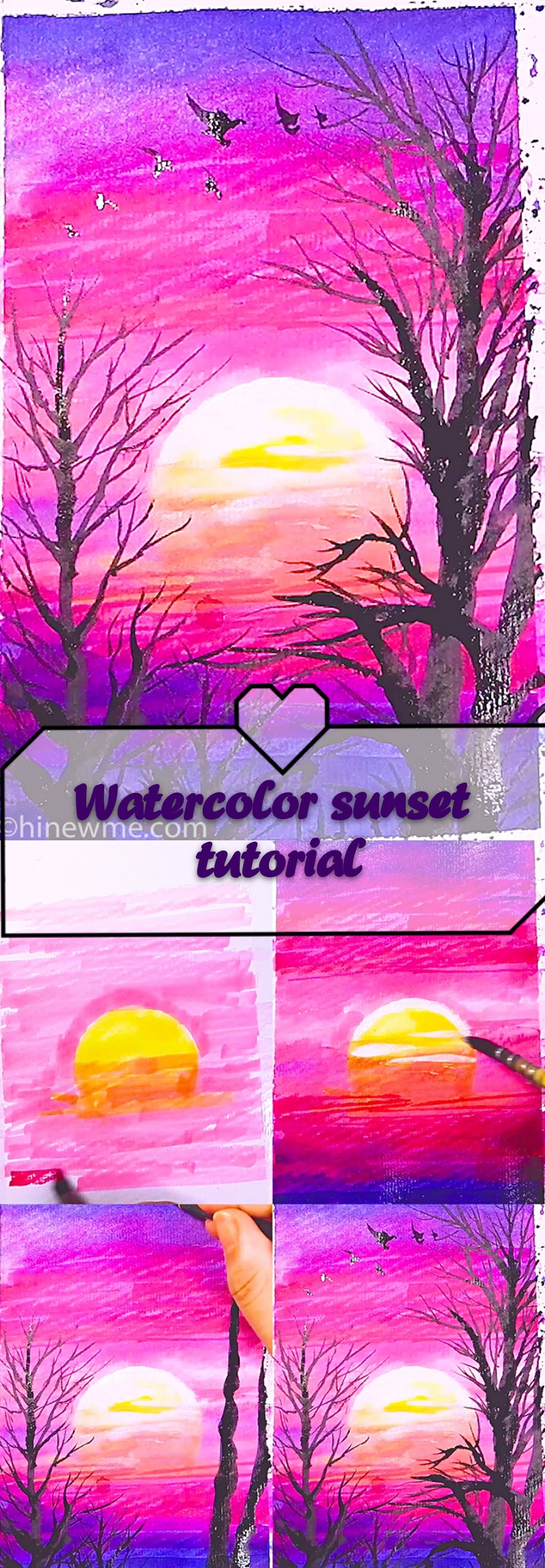 2 How to draw watercolor pink style sunset landscape, come to see my online class