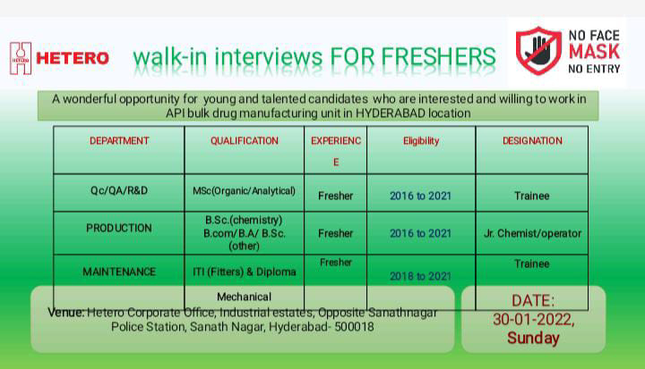 Job Availables,Hetero Labs Limited Walk-In-Interview For BSc/ MSc/ B.Com/ BA/ ITI/ Diploma Mechanical- Freshers