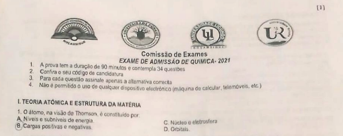 RESOLUÇÃO DO EXAME DE ADMISSÃO DE QUÍMICA DA UP-MAPUTO, UNI-PÚNGUÈ, UNI-LICUNGO E UNI-ROVUMA - 2021