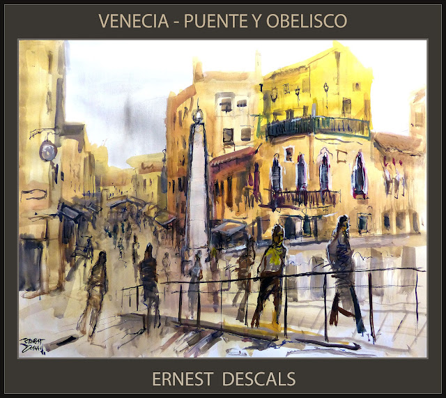 PINTURAS-VENECIA-PUENTE-OBELISCO-PINTURA-CUADROS-GOUACHE-ARTISTA-PINTOR-ERNEST DESCALS-