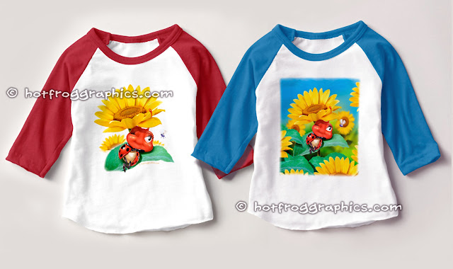 2 toddler raglan sleeve T shirts both with small ladybug sleeping on a sunflower