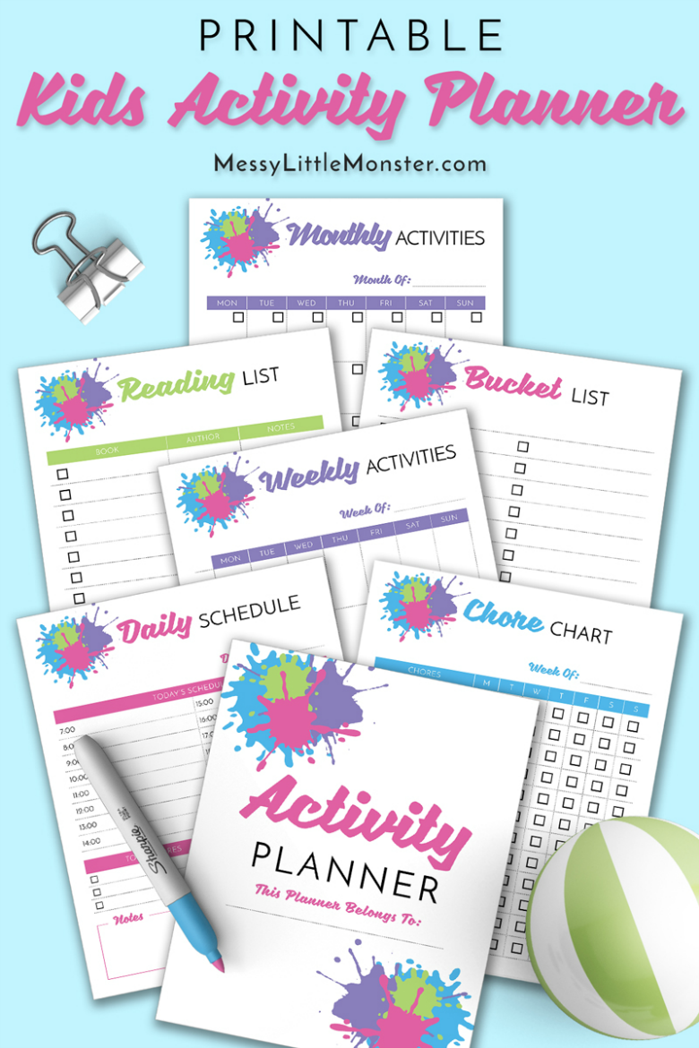 Printable kids activity planner. Inlcudes a daily activity planner, kids weekly planner, monthly planner as well as a reading list, book list and bucket list. 