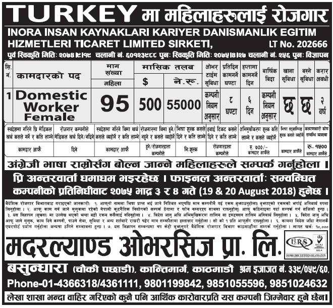 Jobs in Turkey for Nepali, salary Rs 55,000