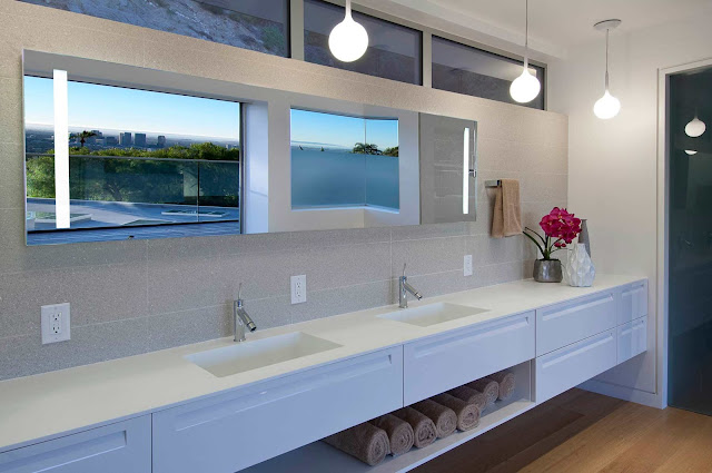Picture of white sinks in the modern bathroom