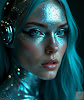 Light gray eyes with turquoise, iridescent eye makeup featuring crystalline structures extending over the nose and forehead, paired with headphone-like elements.
