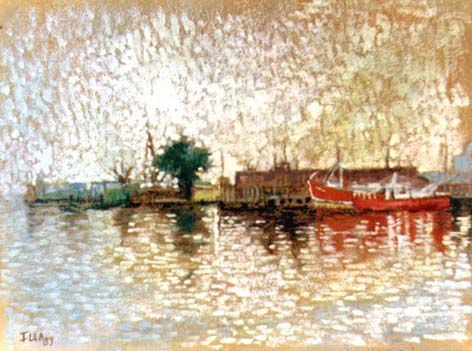 pintura al pastel óleo sobre papel de una vista del puerto de la Boca.