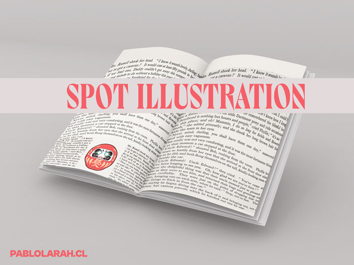 Image of an open book showing an illustration in the left page. Overlayes the text Spot Illustration on a gray rectangle.