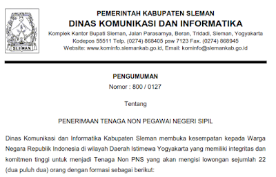 Penerimaan Tenaga Non PNS Dinas Komunikasi dan Informatika Kabupaten Sleman 