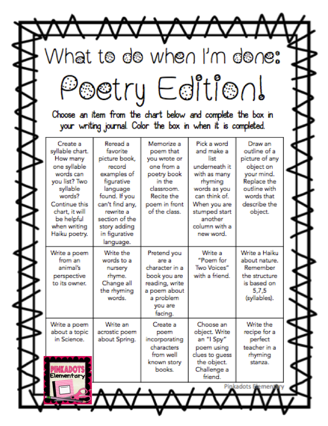 http://www.teacherspayteachers.com/Product/What-to-do-when-Im-done-Poetry-Edition-JournalPoem-Writing-Freebie-1181916