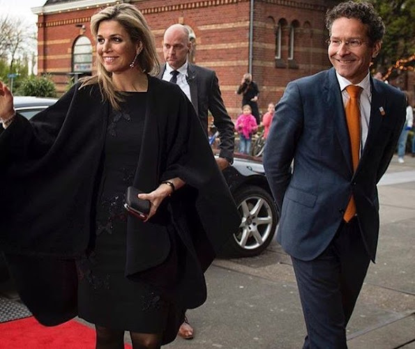 Queen Maxima in Rotterdam. Queen wore Natan Dress, Christian Louboutin pumps, diamond gold earrings, new winter dress