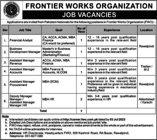 FWO Jobs 2023 Apply Online  | Frontier Works Organization Latest Jobs 2023