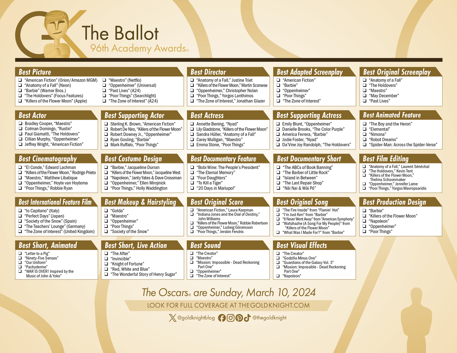 A listing of the 96th Academy Awards nominations in a onepage