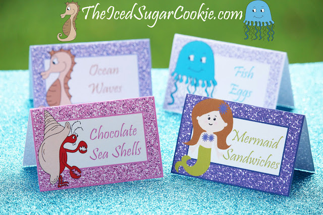 Glitter Mermaid Food Label Tent Cards- Ocean Waves, Fish Eggs, Chocolate Sea Shells, Mermaid Sandwiches