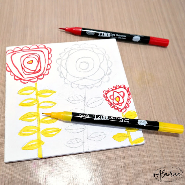 How to Outline Mixed Media Flowers with a Red and Yellow Izink Dye Felt Brush Pen