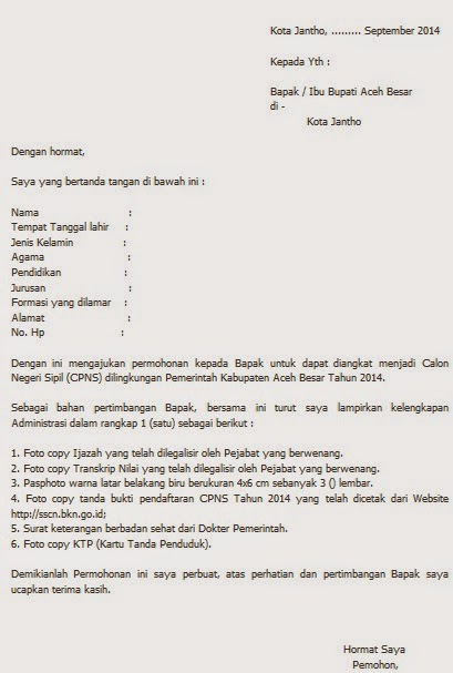 Contoh Surat Lamaran CPNS Kabupaten Aceh Besar  Berita 