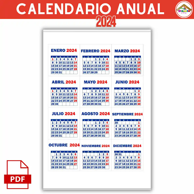 Calendario 2024 imprimible gratis en pdf por meses