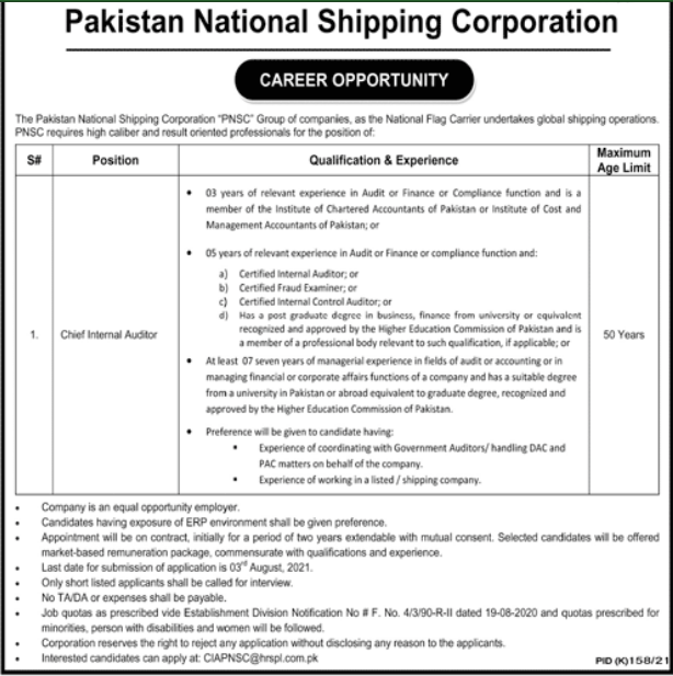 There is a job opportunities in Pakistan National Shipping Corporation for Chief Internal Auditor.