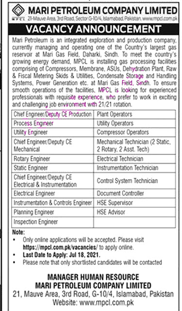 Mari Petroleum Company Limited MPCL Today Latest  Jobs  Advertisement 2021 |  Last Date july 18, 2021  | Apply via mpcl.com.pk