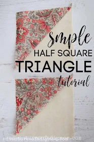 image of two half square triangle quilting piece with the words simple half square triangle tutorial