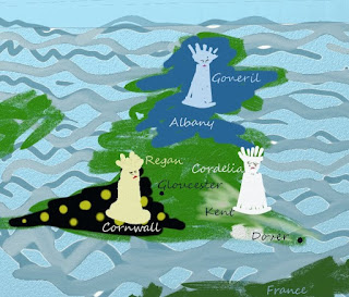 Painted sketch of Britain with Goneril's Albany faction in the North, Regan's Cornwall faction in the Southwest, and Cordelia about to be driven away from Kent in the Southeast.