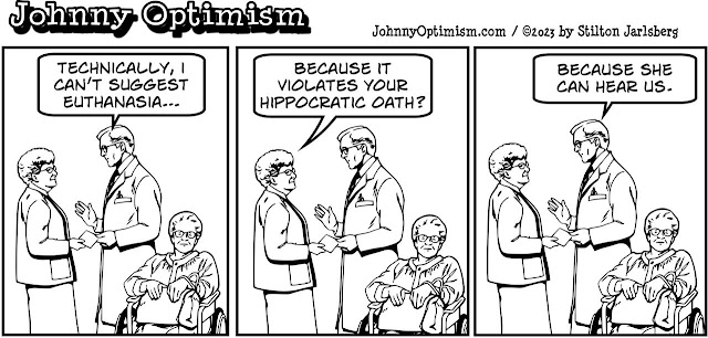 johnny optimism, medical, humor, sick, jokes, boy, wheelchair, doctors, hospital, stilton jarlsberg, hippocratic oath, euthanasia, old woman