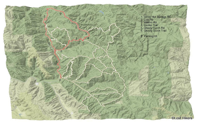 Map of trails and roads hiked by Lost Hikers in Henry W Coe State Park