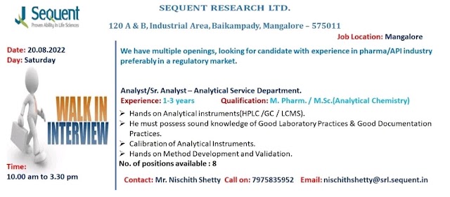 Sequent Research Labs | Walk-in interview for Analytical Services at Mangalore on 20th Aug 2022