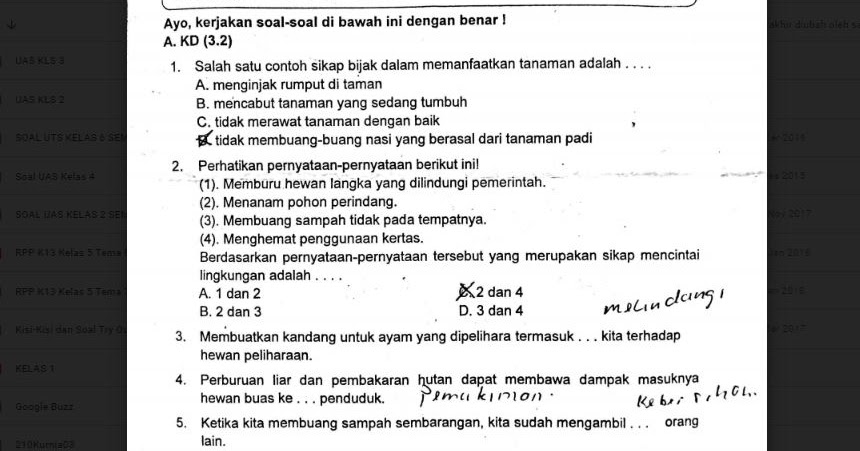 Soal Ulangan Kelas 4 Tema 3 Peduli Terhadap Makhluk Hidup