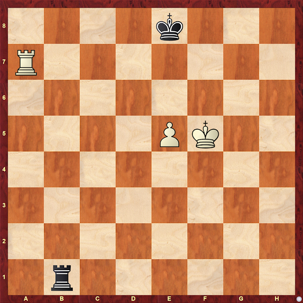 Valkea: Kf5, Ta7, sotilas e5, musta: Ke8, Tb1.