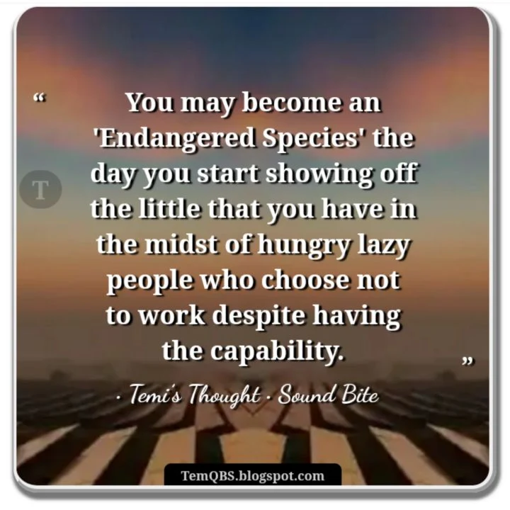 You may become an 'endangered species' the day you start showing off the little that you have in the midst of hungry lazy people who choose not to work despite having the capability - Temi's Thought: Proverbial Quote