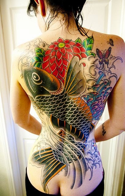 Gorgeous Women Back Koi Fish Tattoo, Koi Fish Tattoo On Gorgeous Women Back, Women Back With Gorgeous Koi Fish Tattoo, Amazing Coy Koi Fish Tattoo For Women Back, Women, Parts, Flower,