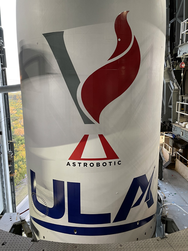 A close-up of Vulcan Centaur's payload fairing before the rocket departs from the Vertical Integration Facility and rolls out to the pad at Cape Canaveral Space Force Station's SLC-41 in Florida...on January 5, 2024.