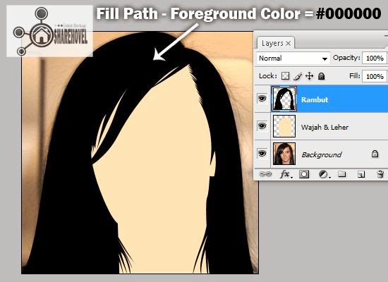 hasil fill path dari pola vector rambut yang telah dibuat - tutorial membuat vector di photoshop - membuat foto menjadi kartun dengan photoshop